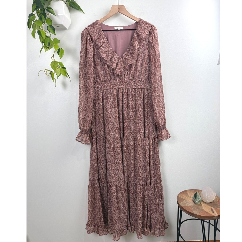 Moon River Mauve Paisley Metallic Smocked Tiered Ruffle Maxi Dress L Cottagecore